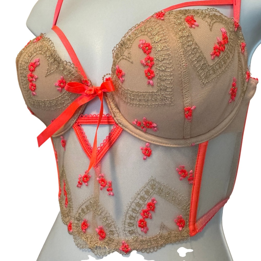Victoria's Secret Dream Angels Corset 34C Embroidered Hearts Neon Coquette Sheer - Picture 2 of 6